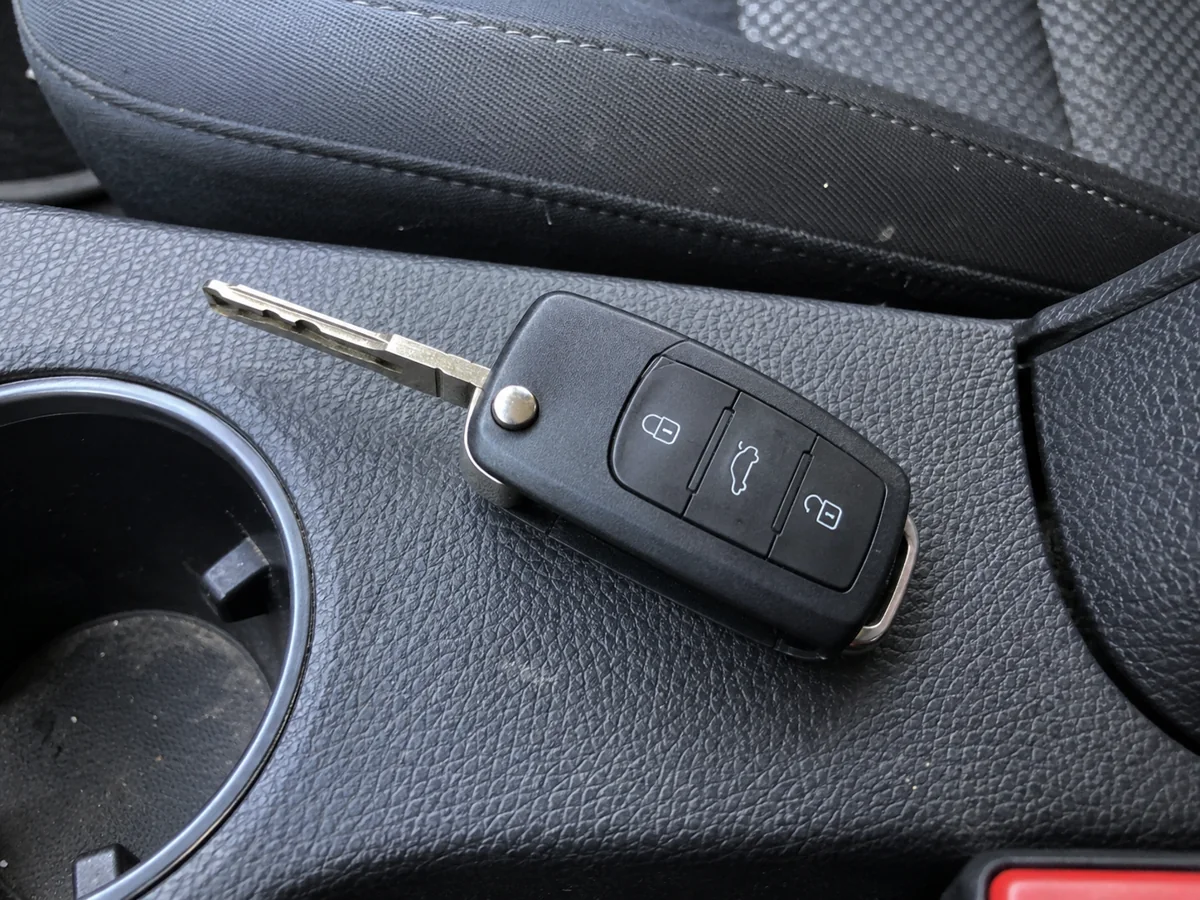 Black flip key on a charcoal car center console