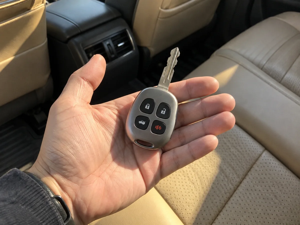 Silver remote key held above a tan vehicle seat