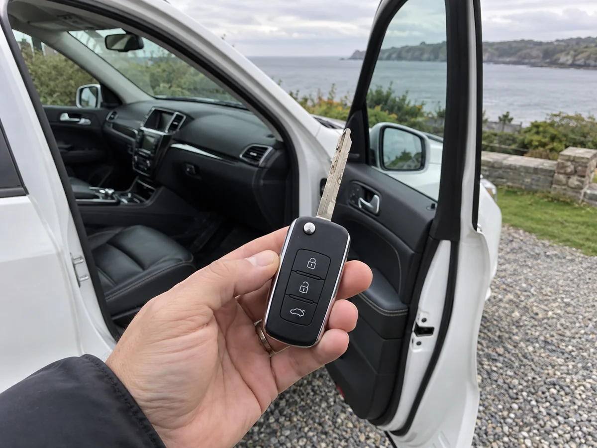 Replacement remote key beside an open white vehicle door