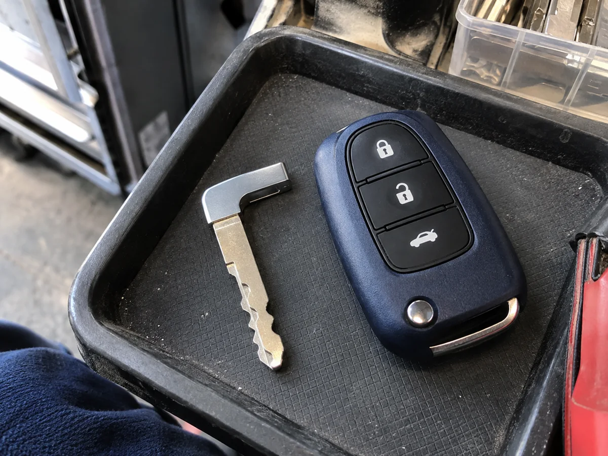 Blue automotive remote and separate blade in a parts tray