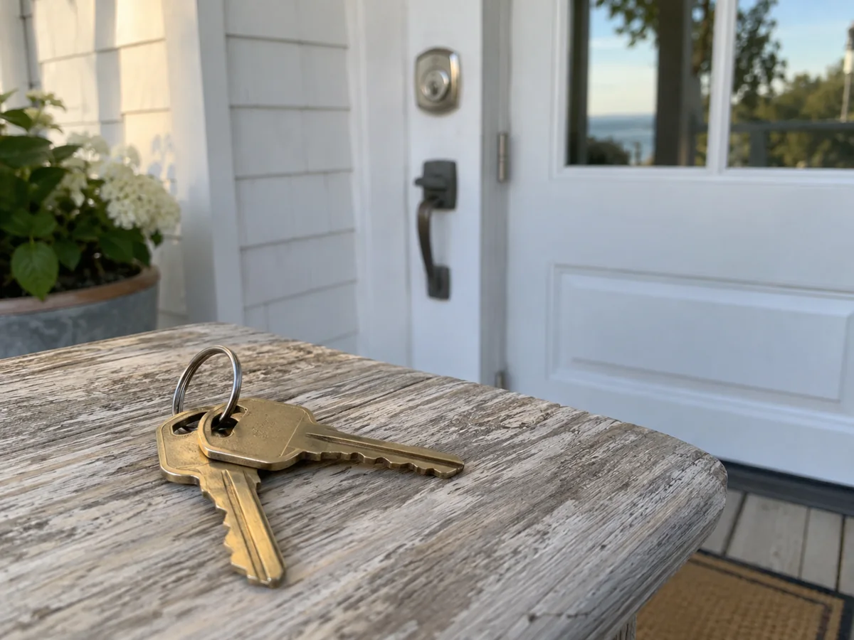 Brass house keys on a weathered porch table