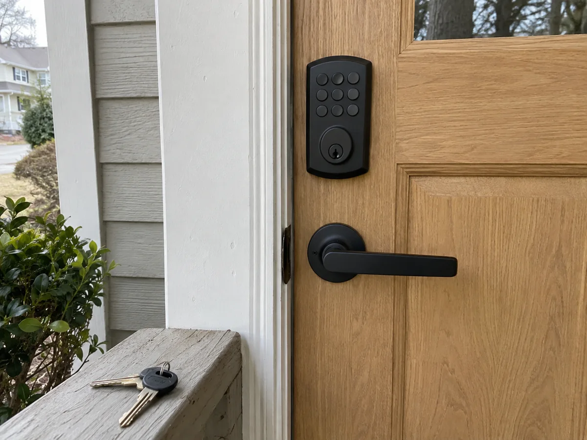 Black keypad deadbolt and lever on a wooden door