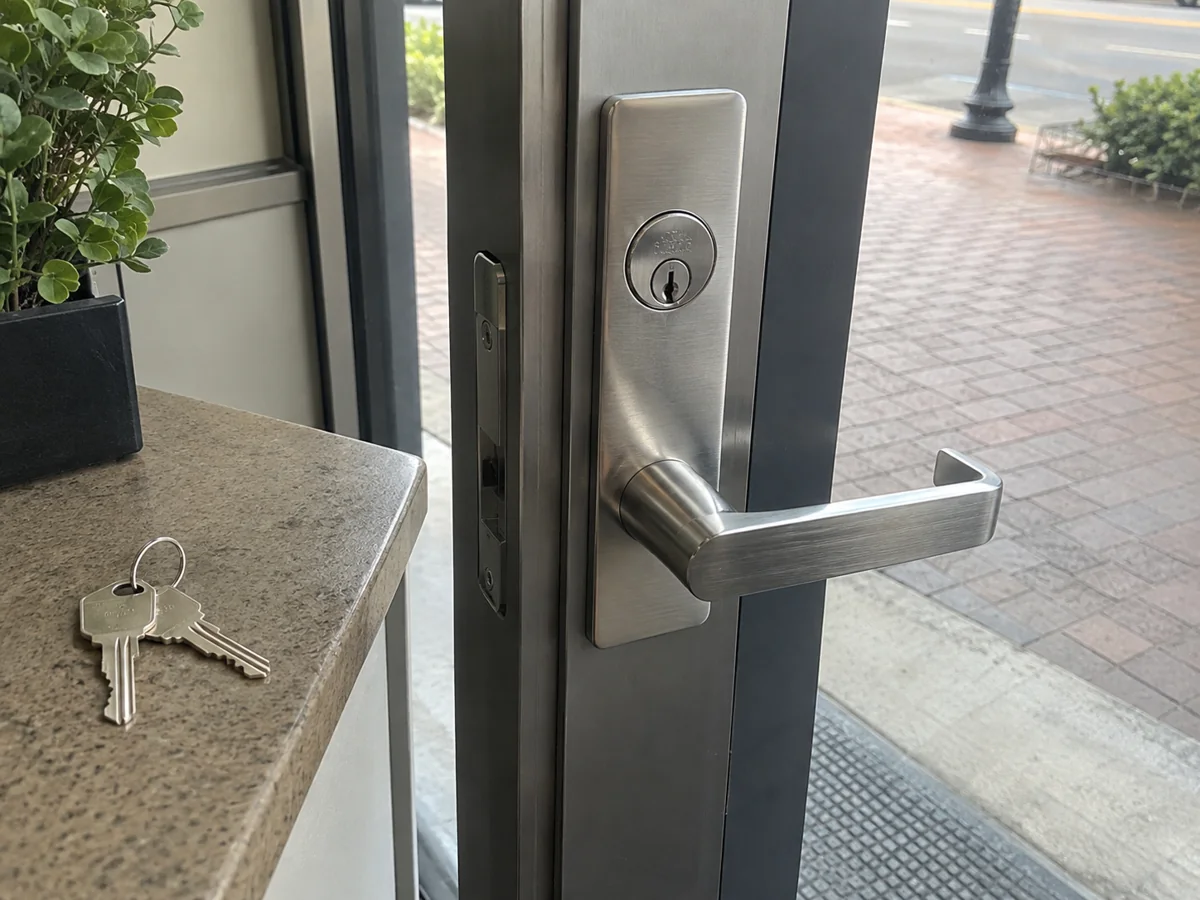 Commercial door lever and cylinder beside silver keys
