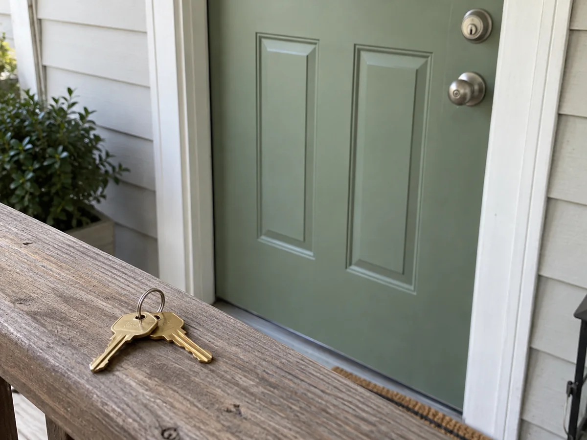 Nickel knob and deadbolt on a sage door with keys on the porch rail