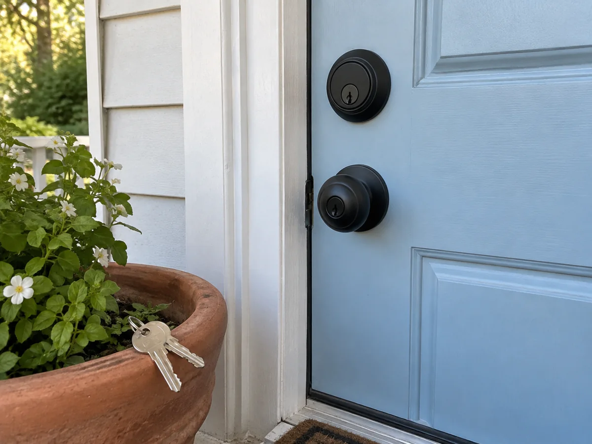 Black deadbolt on a pale blue porch door beside silver keys