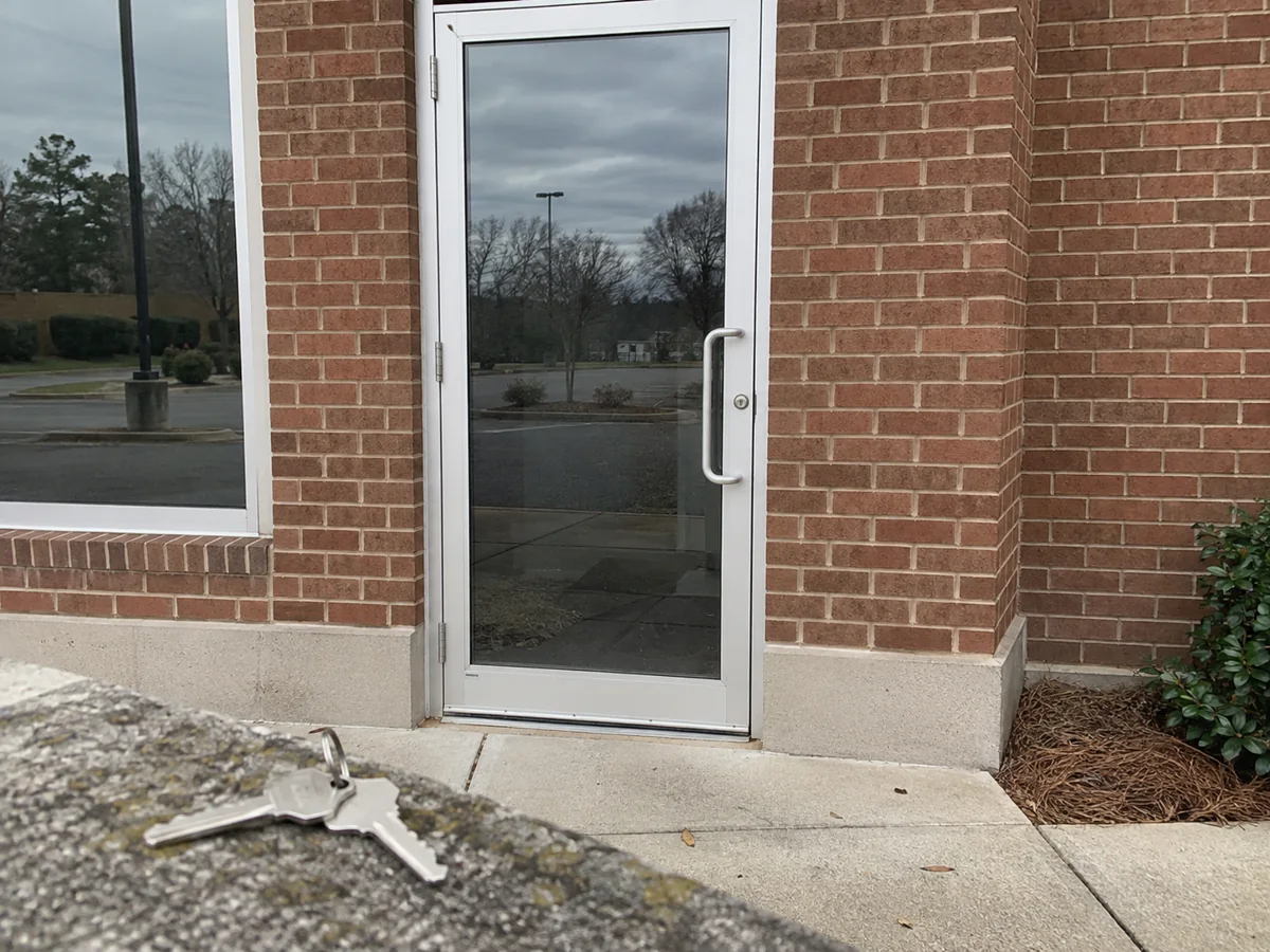 Glass storefront entrance with new lock hardware