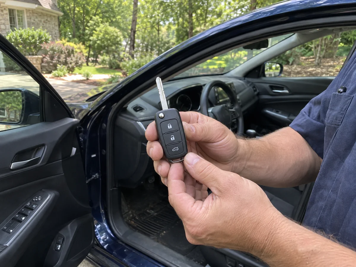 Replacement flip key held beside a parked car