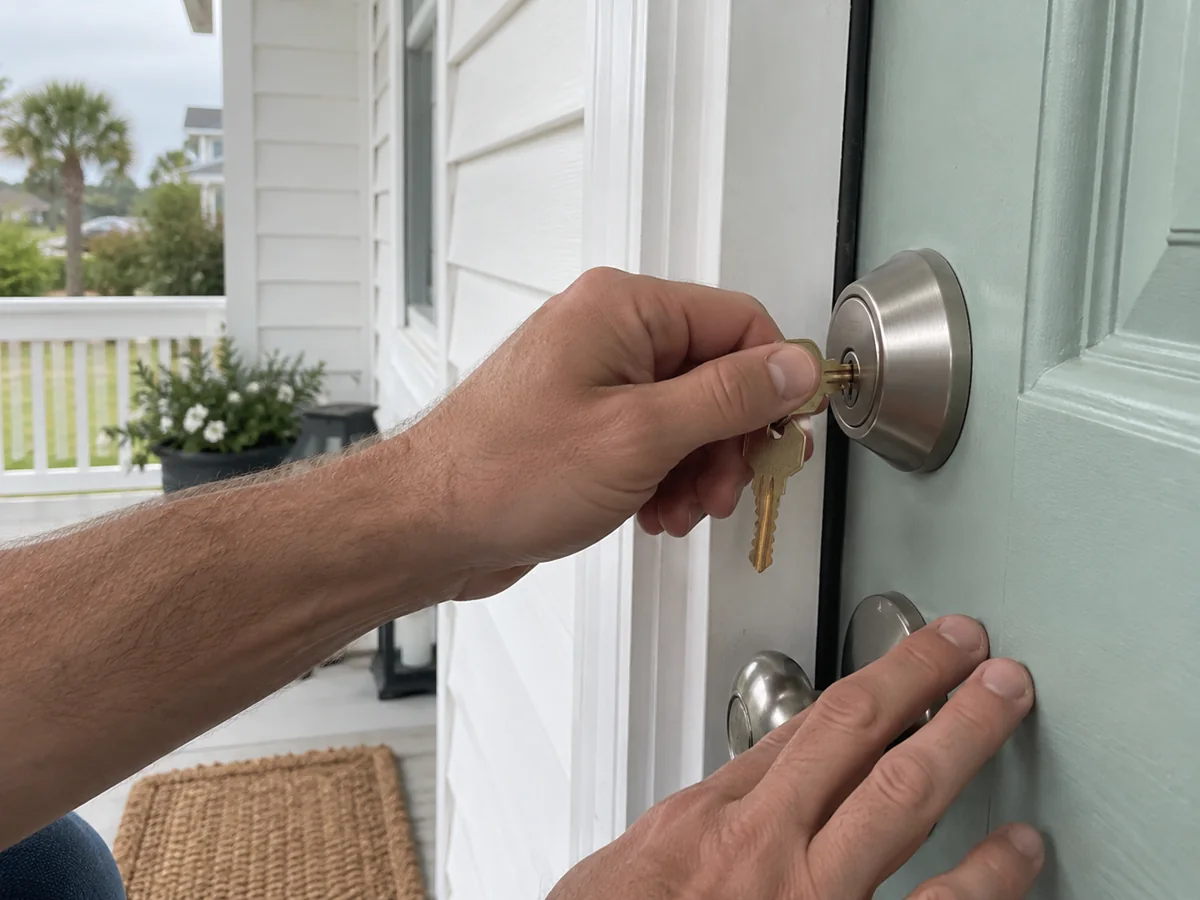 House key and nickel deadbolt on a porch door